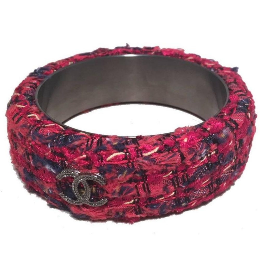 Chanel Red Pink Tweed and Steel Bangle Bracelet
